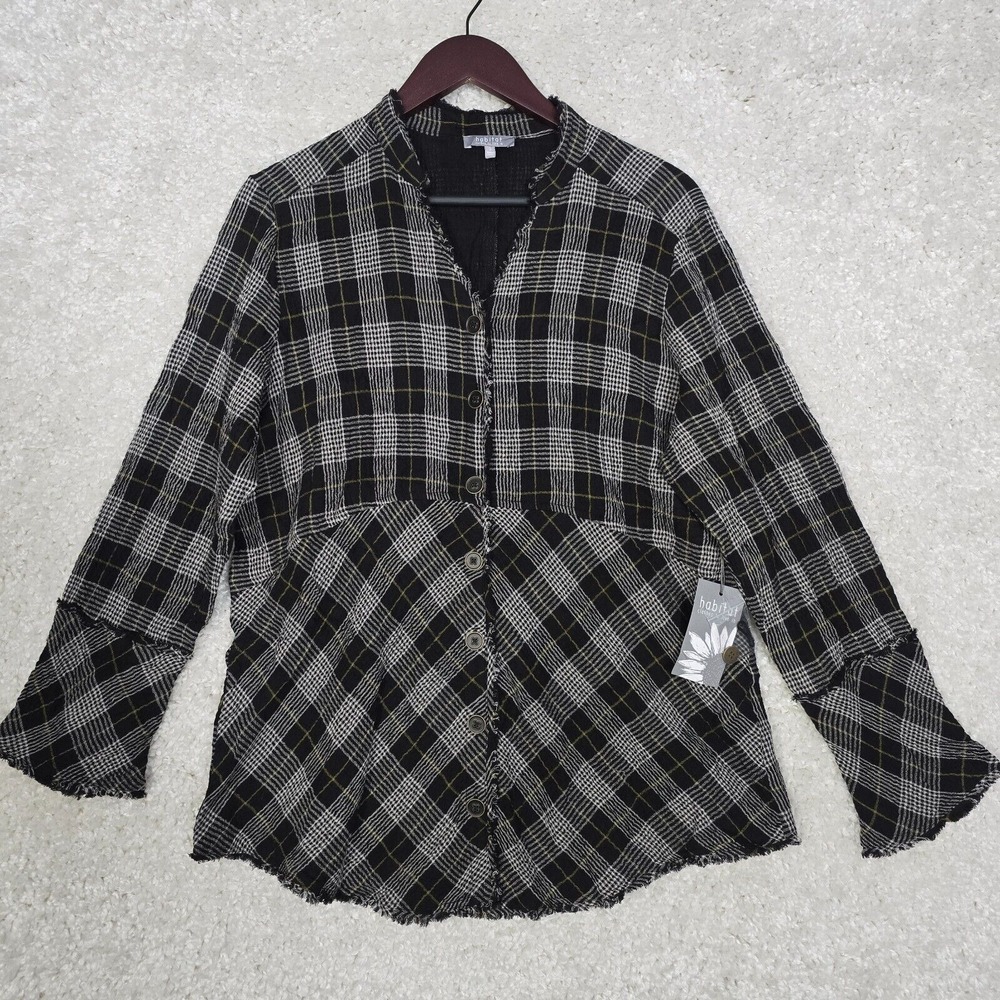 Habitat Plaid Button Down Shirt Womens S Black Fringe Bell Sleeve Lagenlook